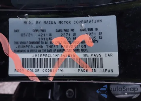 2021 Mazda Mazda3 из США, поврежденный, VIN JM1BPBCL1M1343826